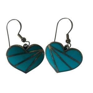Vintage Sterling Silver Inlaid Turquoise Heart Shaped Dangle Earrings Signed 925